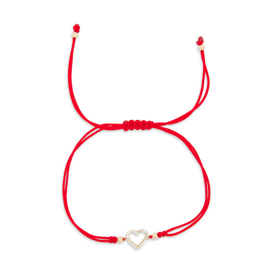 14K Yellow Gold Red String CZ Open Heart Bracelet