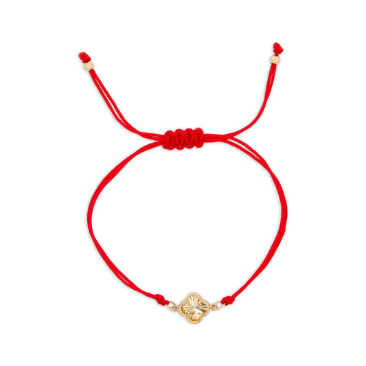 14K Yellow Gold Red String Clover Bracelet