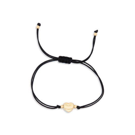 14K Yellow Gold Black String Chunky Heart Bracelet
