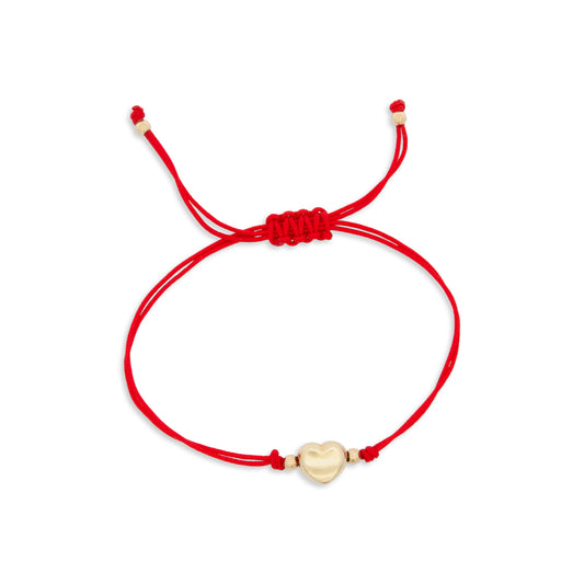 14K Yellow Gold Red String Chunky Heart Bracelet