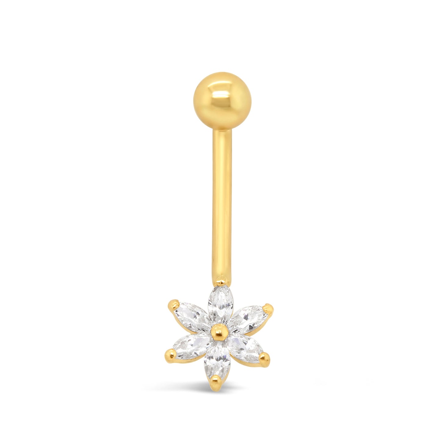 14K Yellow Gold White Marquize CZ Flower Belly Ring
