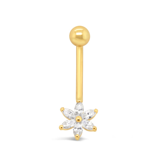 14K Yellow Gold White Marquize CZ Flower Belly Ring