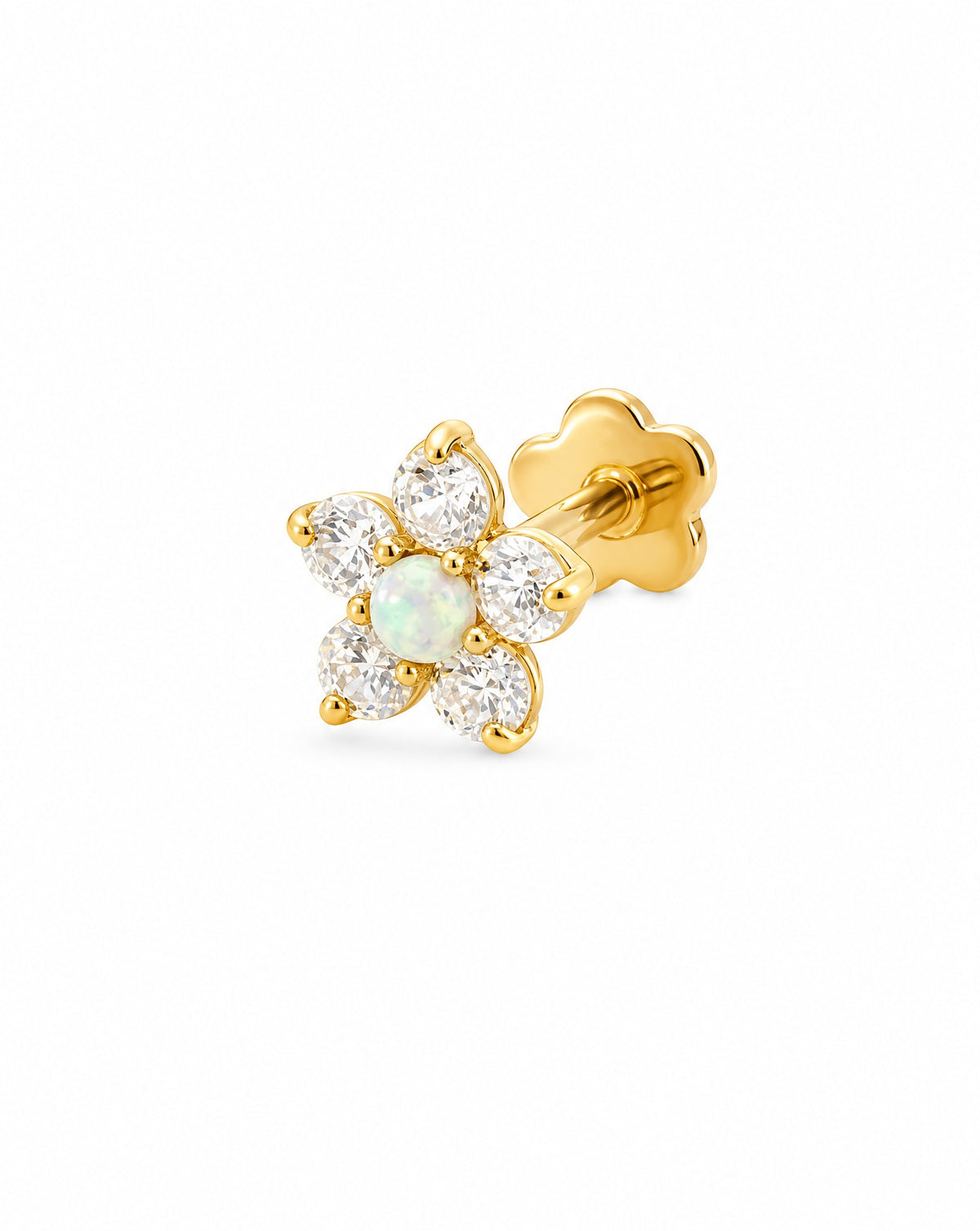14K Yellow Gold CZ Flower With Opal On Center Cartilage Earring