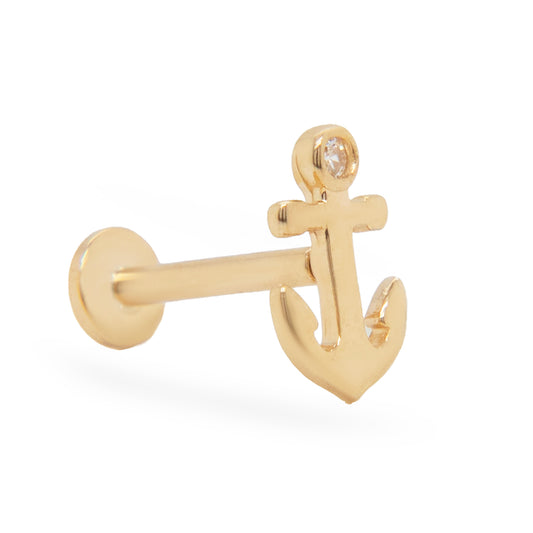 14K Yellow Gold Anchor with CZ Cartilage Flatback