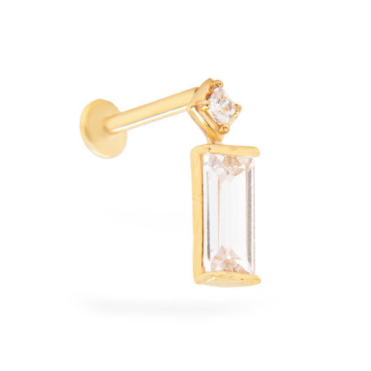14K Yellow Gold CZ Dangling Baguette Cartilage Flatback