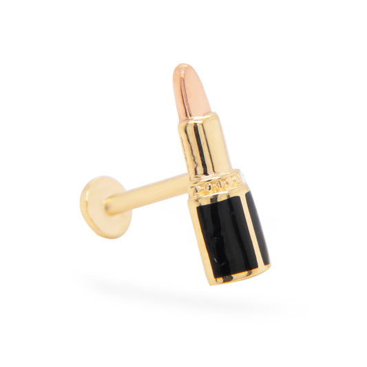 14K 2 Tones Gold Lipstick and Black Enamel Cartilage Flatback
