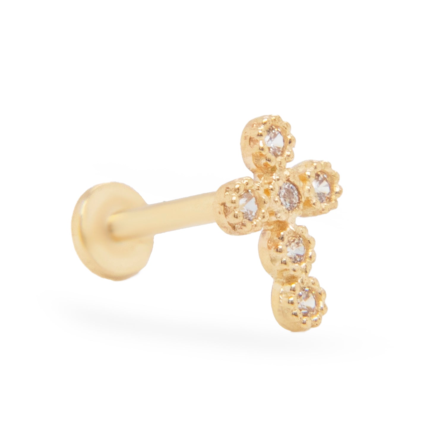 14K Yellow Gold Round Stones Cross CZ Cartilage Earring
