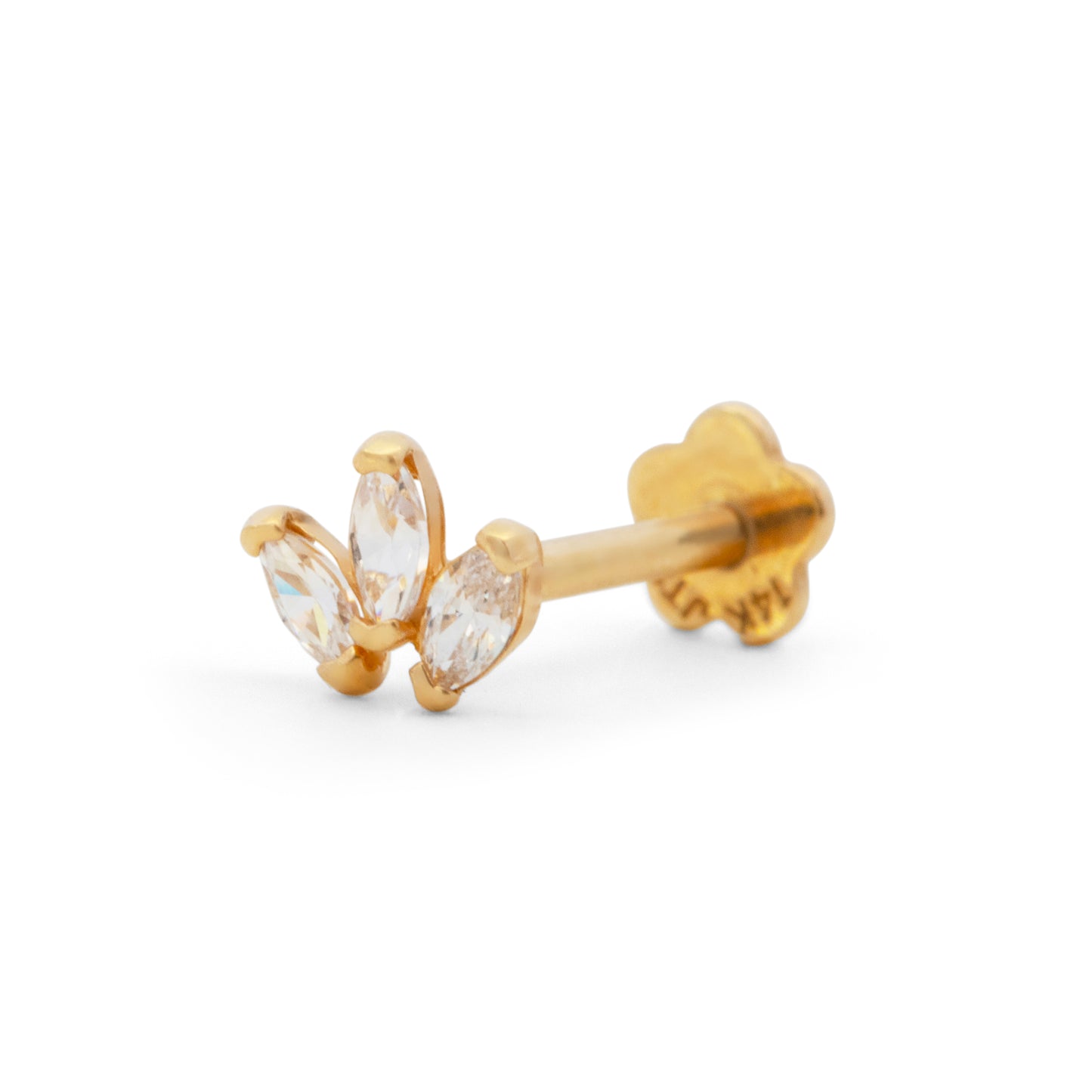 14K Yellow Gold CZ Marquise Petal Trio Cartilage Flatback