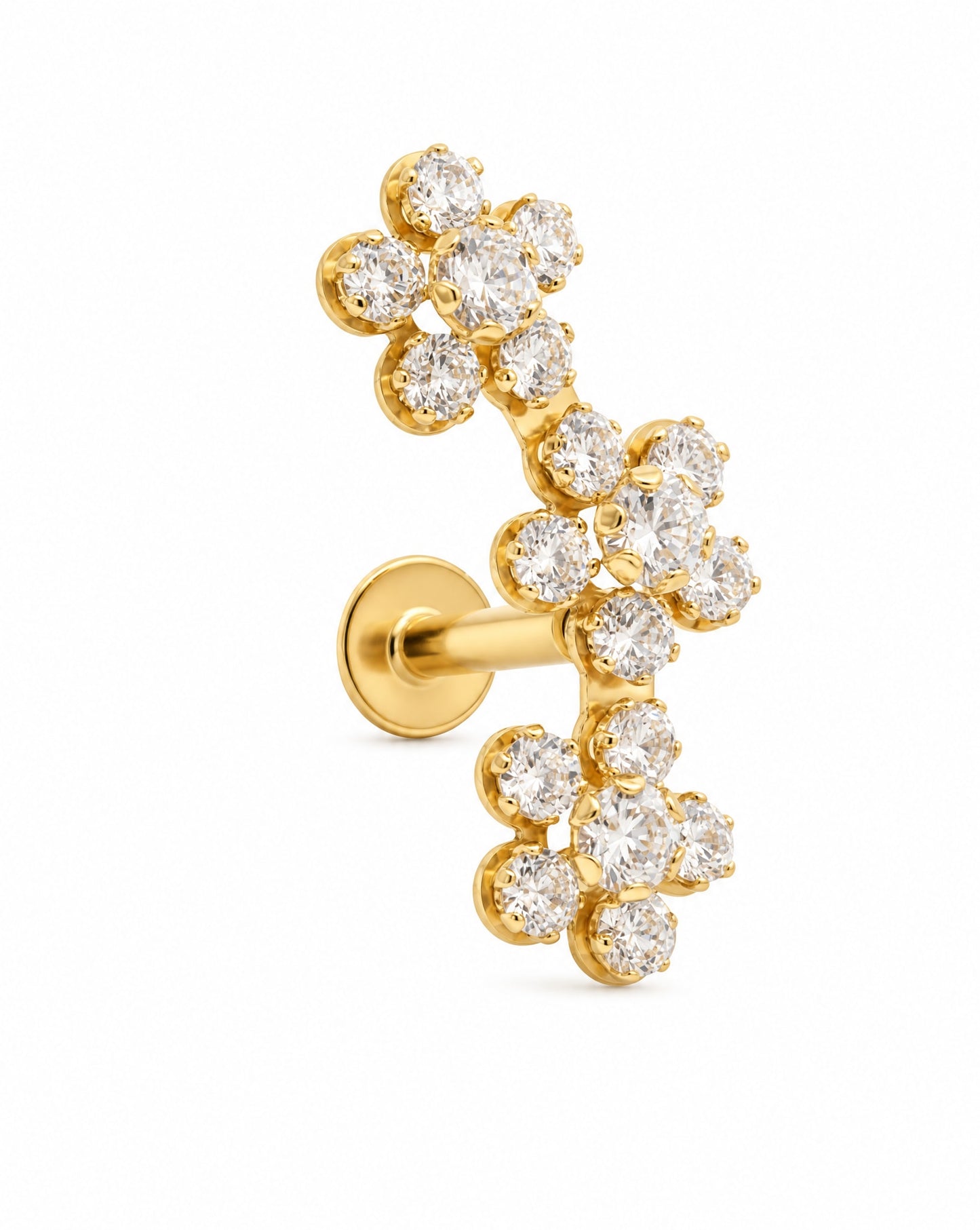 14K Yellow Gold 3 CZ Flowers Cartilage Earring