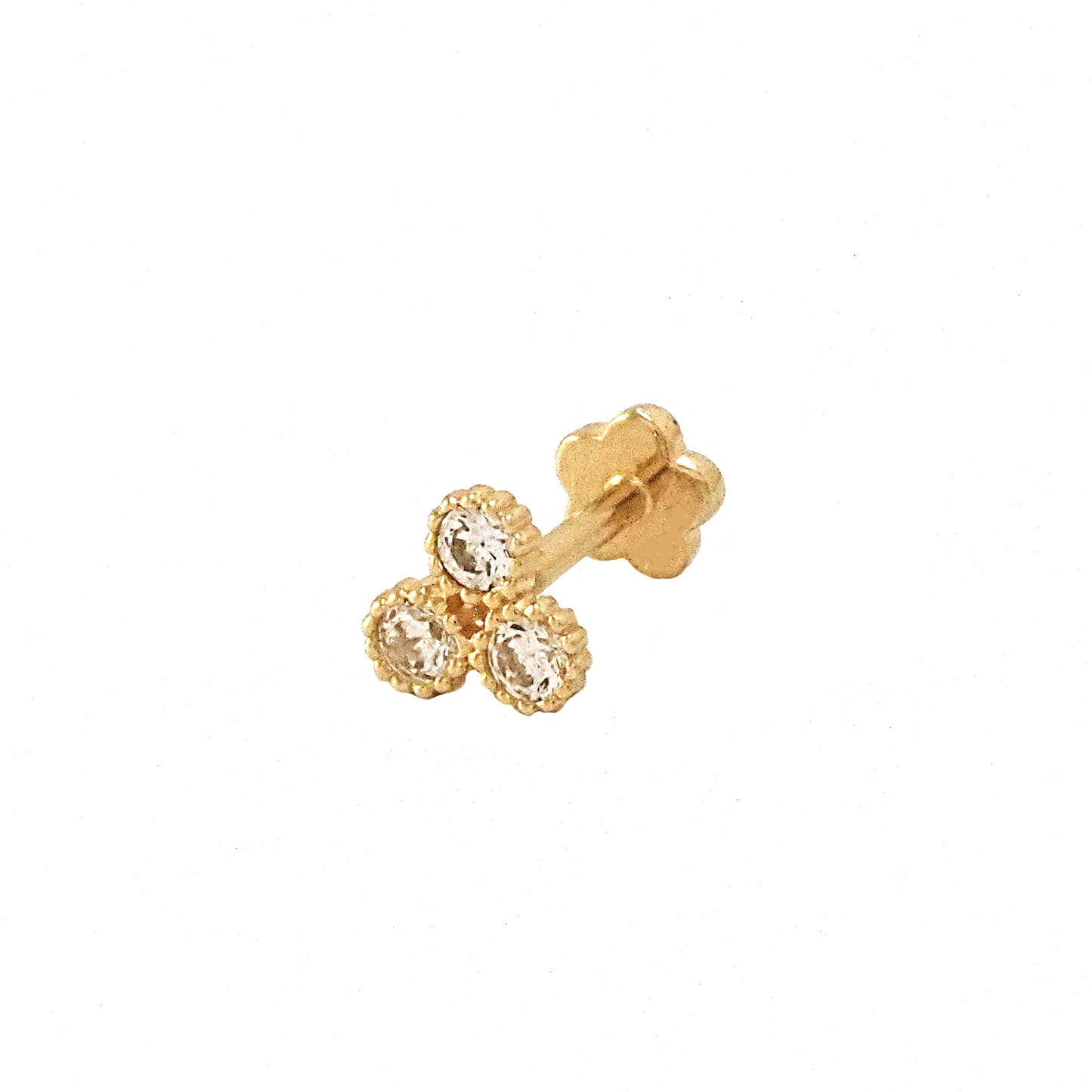 14K Yellow Gold Beaded Bezel 3 Round CZ Cartilage Earring