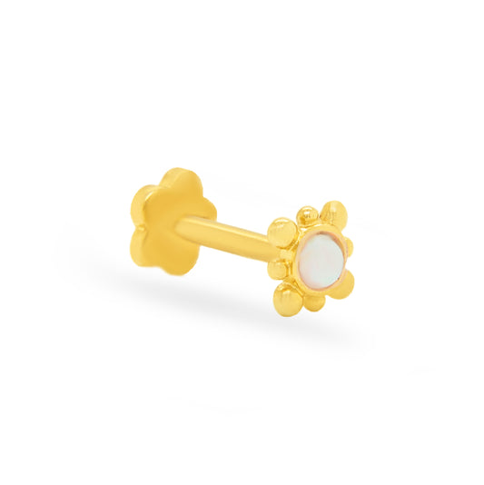 14K Yellow Gold White Enamel Mini Flower Cartilage Flatback