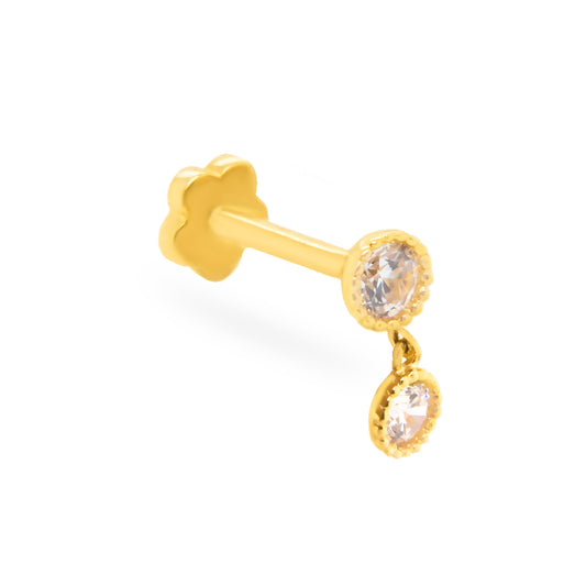 14K Yellow Gold Double CZ Dangle Cartilage Flatback