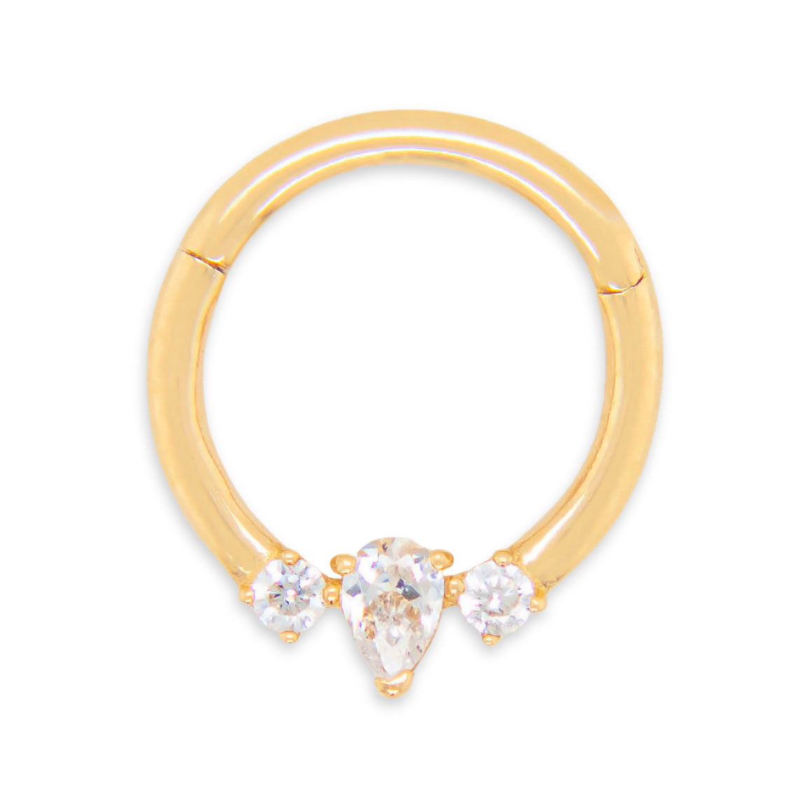 14K Yellow Gold Pear Cut CZ and 2 Round CZ Cartilage Hoop Earring