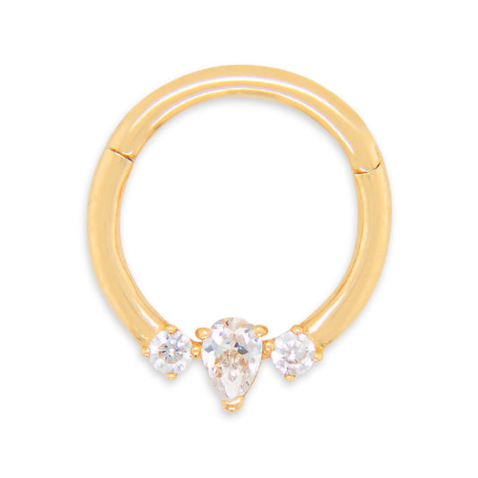 14K Yellow Gold Pear Cut CZ and 2 Round CZ Cartilage Hoop Earring