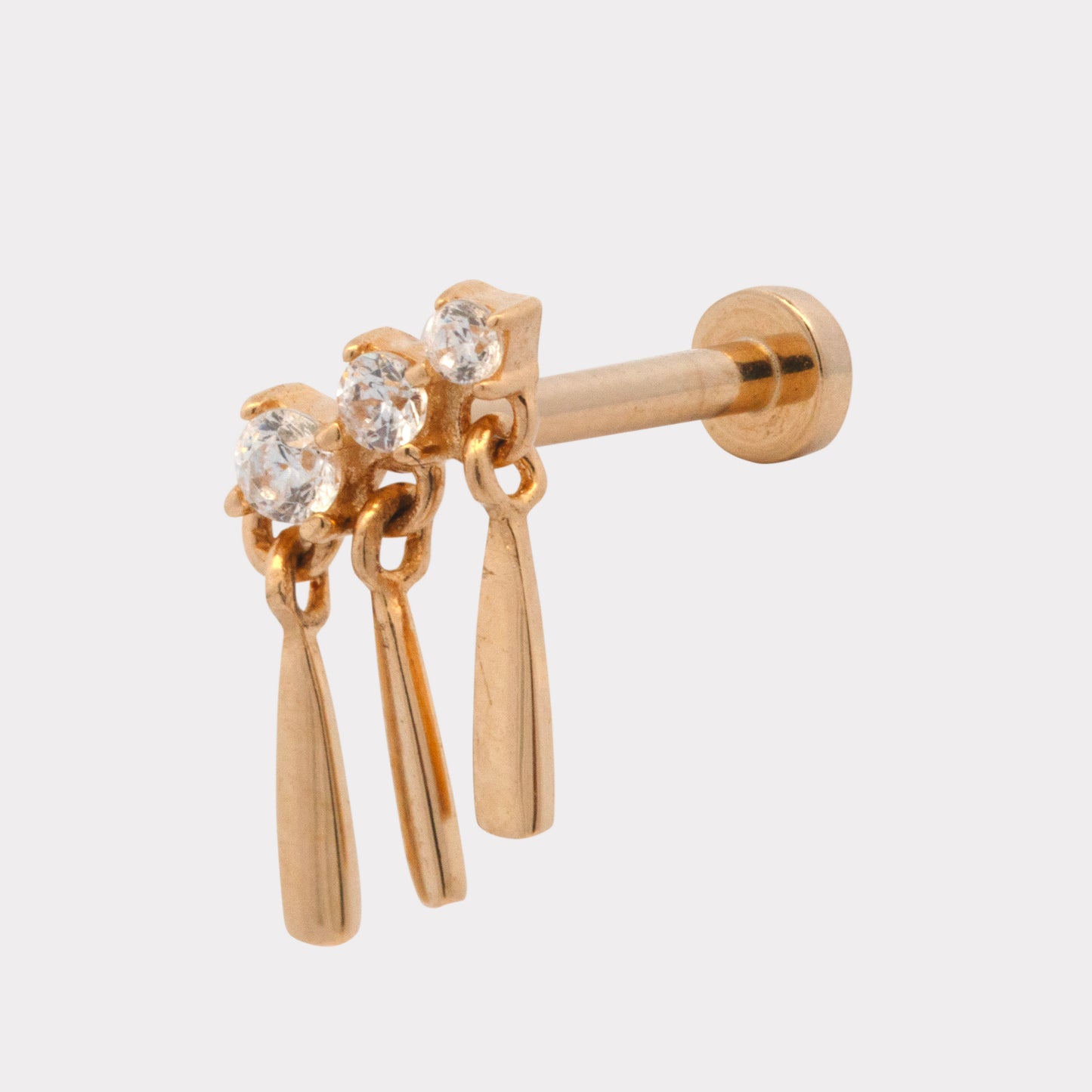 14K Yellow Gold 3 Round CZ With Dangling Bars Cartilage Earring
