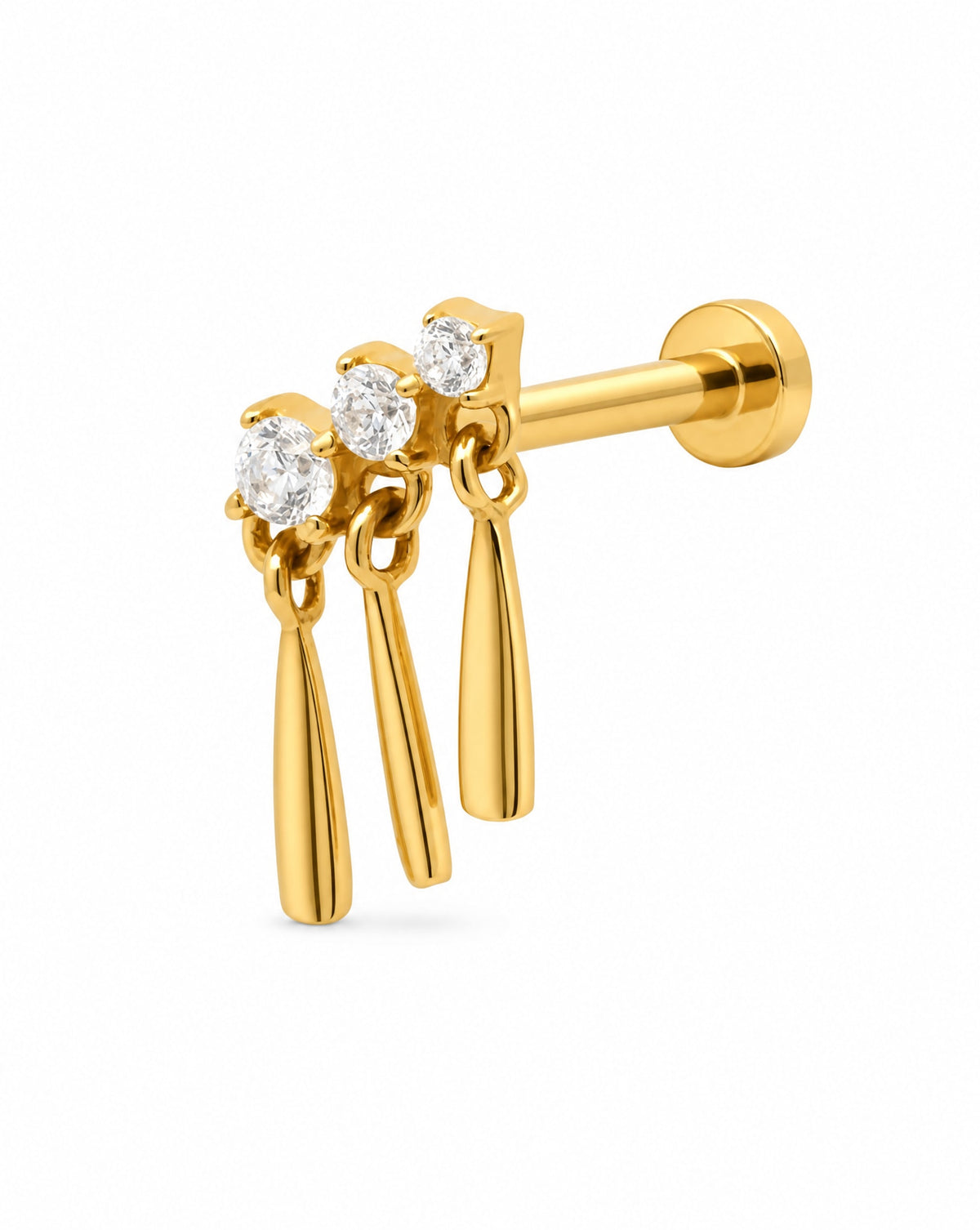 14K Yellow Gold 3 Round CZ With Dangling Bars Cartilage Earring