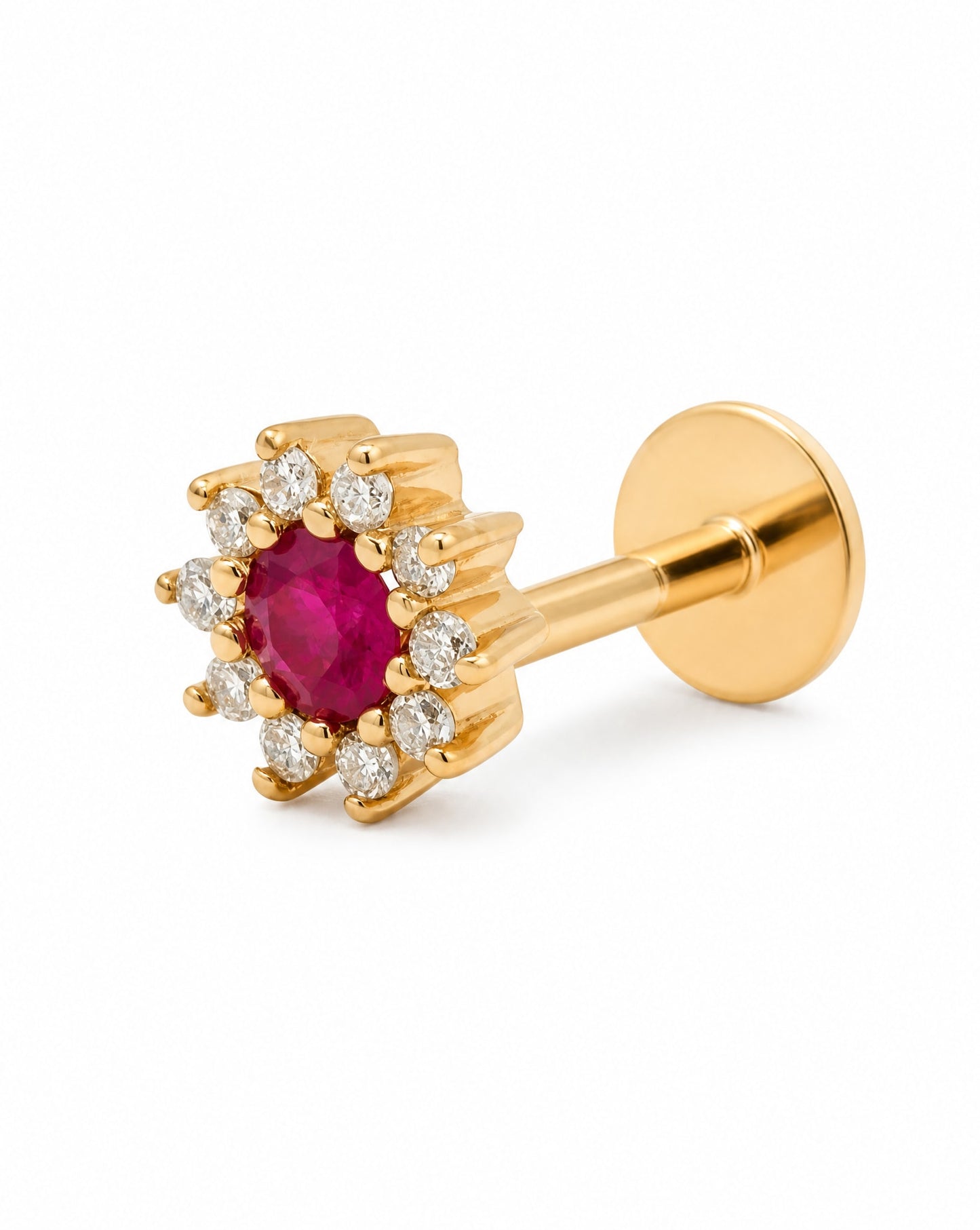 14K Yellow Gold Diamond & Ruby Flower Cartilage Earring