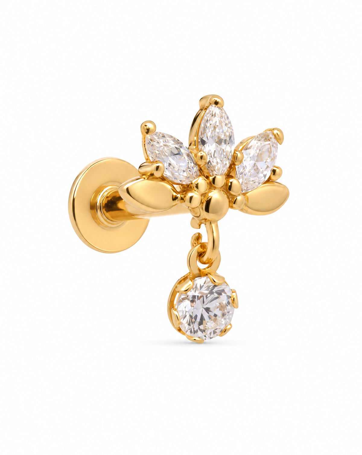 14K Yellow Gold CZ Lotus Flower & a Dangling Round CZ Cartilage Earring