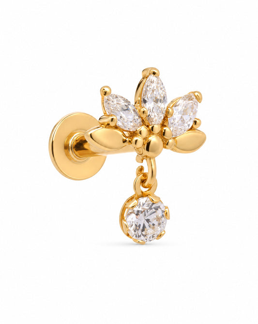 14K Yellow Gold CZ Lotus Flower & a Dangling Round CZ Cartilage Earring