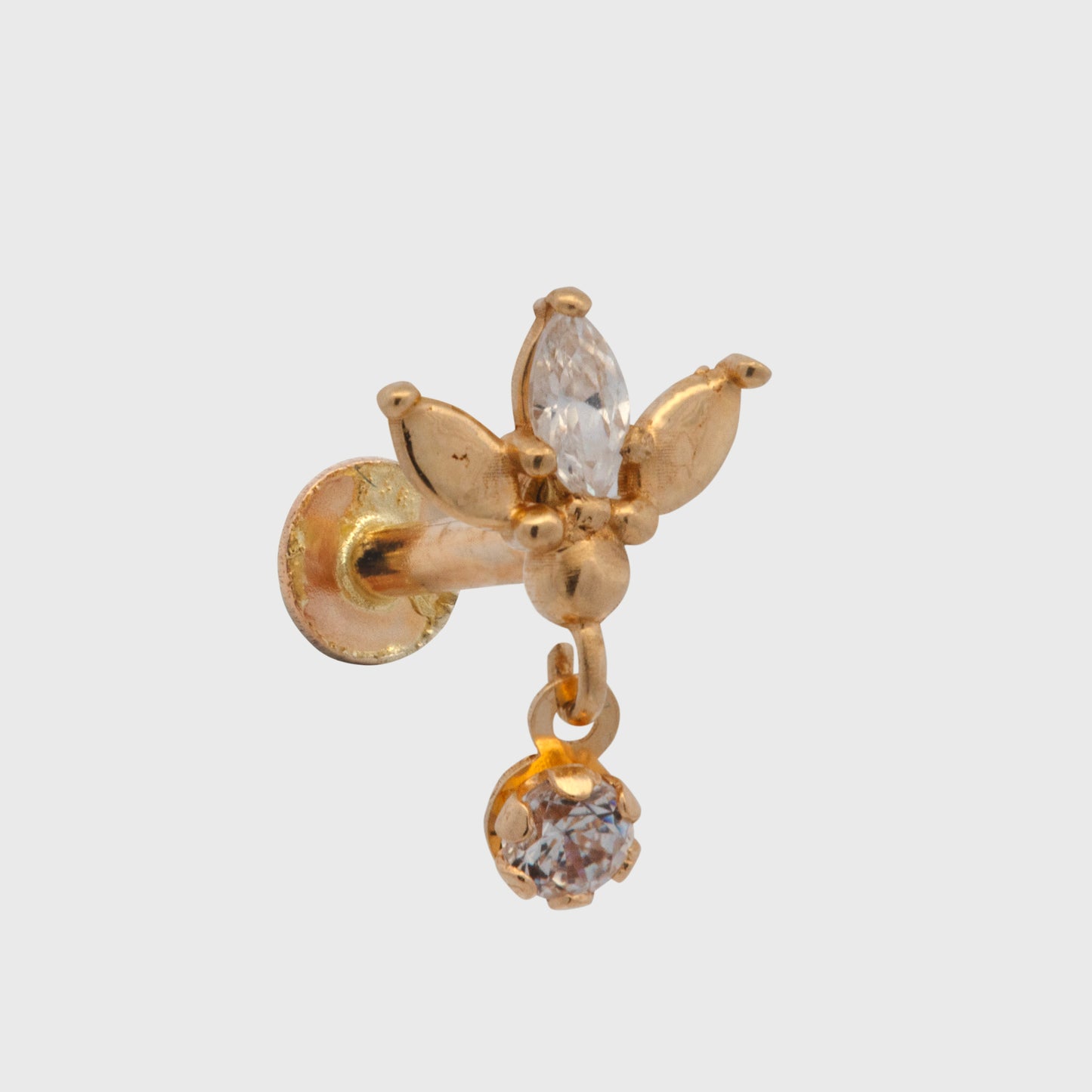 14K Yellow Gold CZ Lotus Flower with Dangling Stone Cartilage Earring