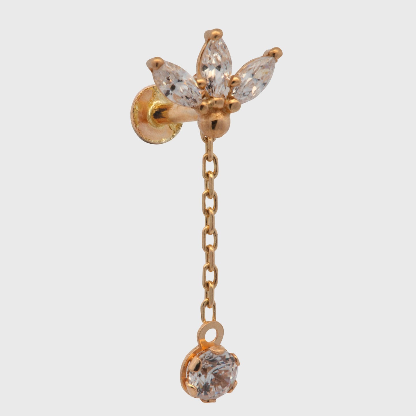 14K Yellow Gold CZ Lotus Flower & Dangle CZ Cartilage Earring