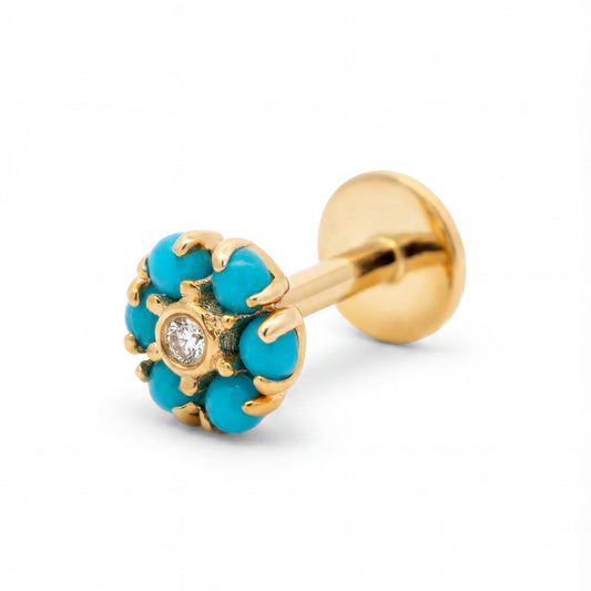 14K Yellow Gold Turquoise and Single Diamond Cartilage Earring