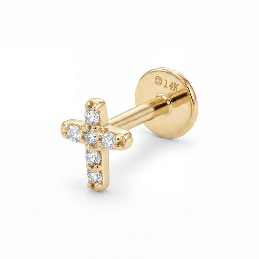 14K Yellow Gold Diamond Tiny Cross Cartilage Earring