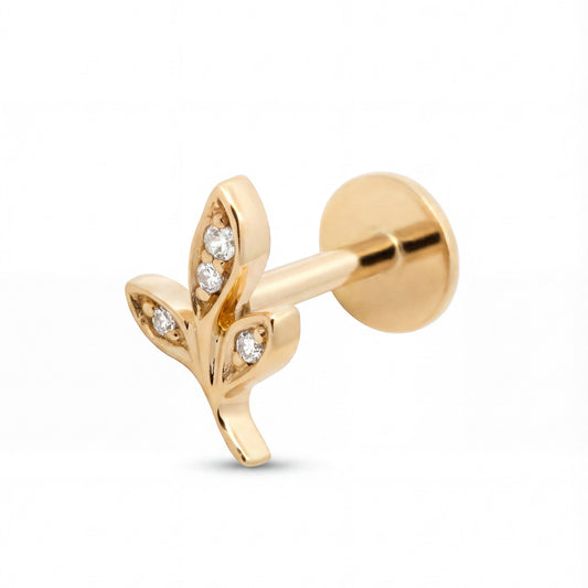14K Yellow Gold Diamond Leaf Cartilage Earring