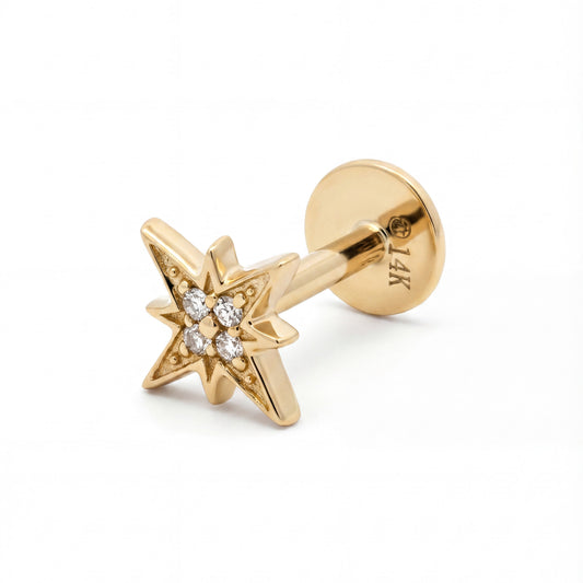 14K Yellow Gold Star Bust Diamond Cartilage Earring