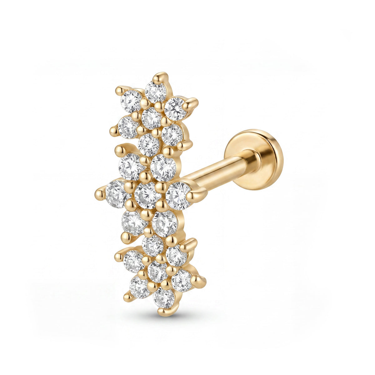 14K Yellow Gold CZ Triple Cluster Flower Cartilage Flatback