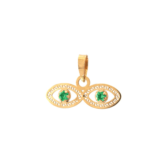 14K Yellow Gold CZ Green Evil Eye Pendant