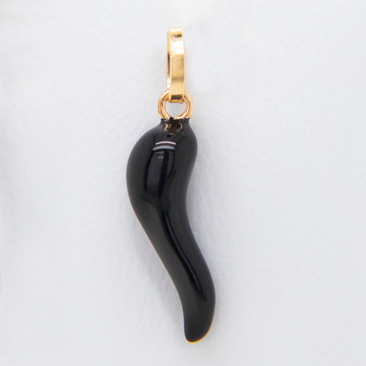 14K Yellow Gold Medium Black Enamel Horn Pendant