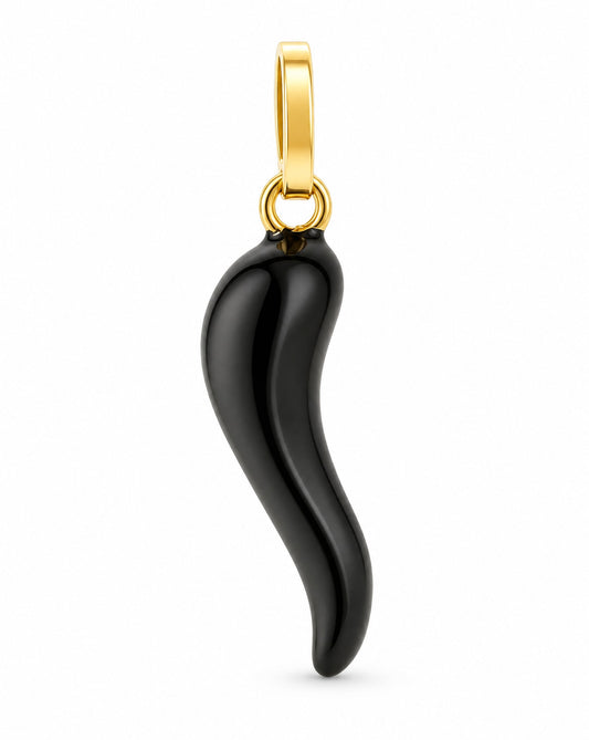 14K Yellow Gold Medium Black Enamel Horn Pendant