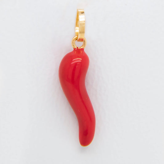 14K Yellow Gold Medium Red Enamel Horn Pendant