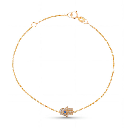 14K Yellow Gold Diamond & Blue Sapphire Hamsa Chain Bracelet