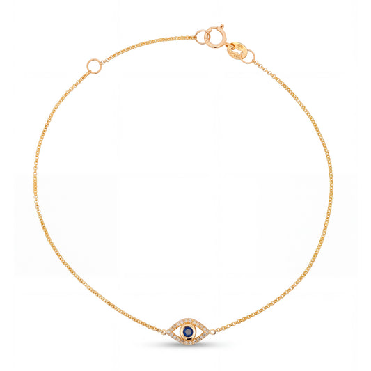 14K Yellow Gold Diamond and Blue Sapphire Evil Eye Bracelet