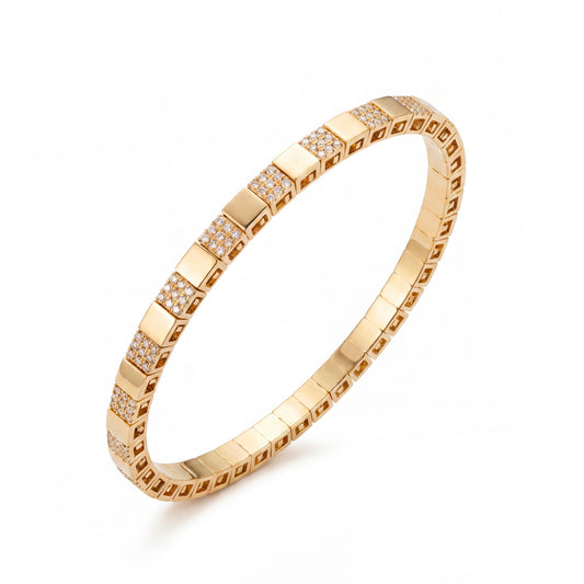 14K Yellow Gold Stretch Plain and Diamond Square Bangle Bracelet