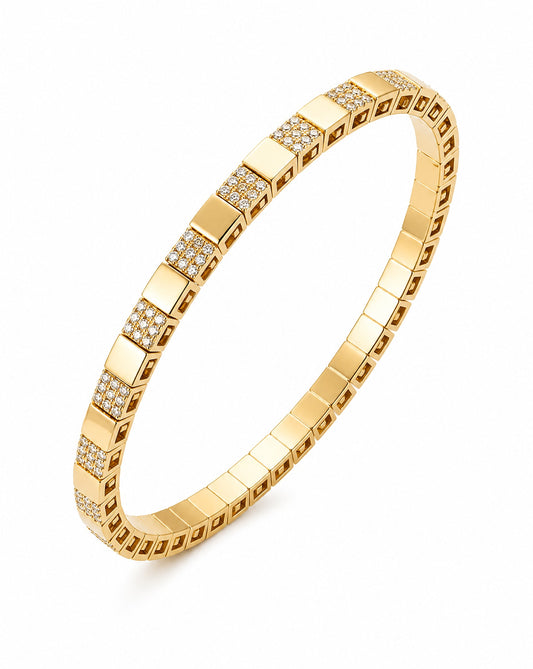 14K Yellow Gold Stretch Plain and Diamond Square Bangle Bracelet