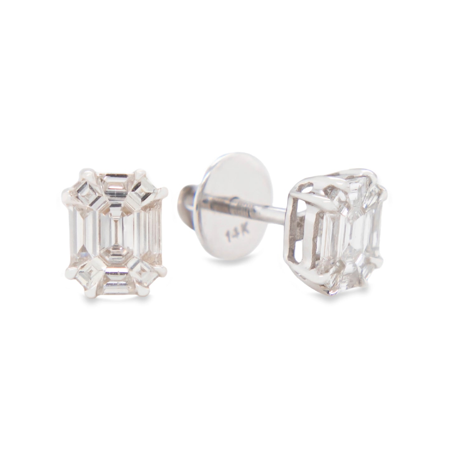 14K White Gold Emerald Cut Diamond Pushback Earrings