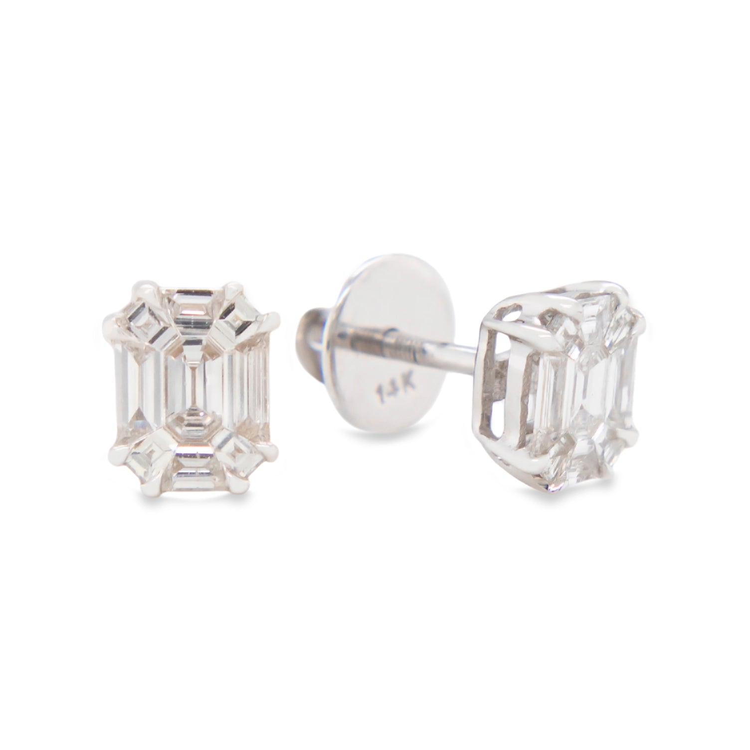 14K White Gold Emerald Cut Diamond Pushback Earrings