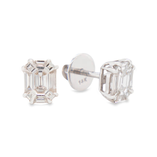 14K White Gold Emerald Cut Diamond Pushback Earrings