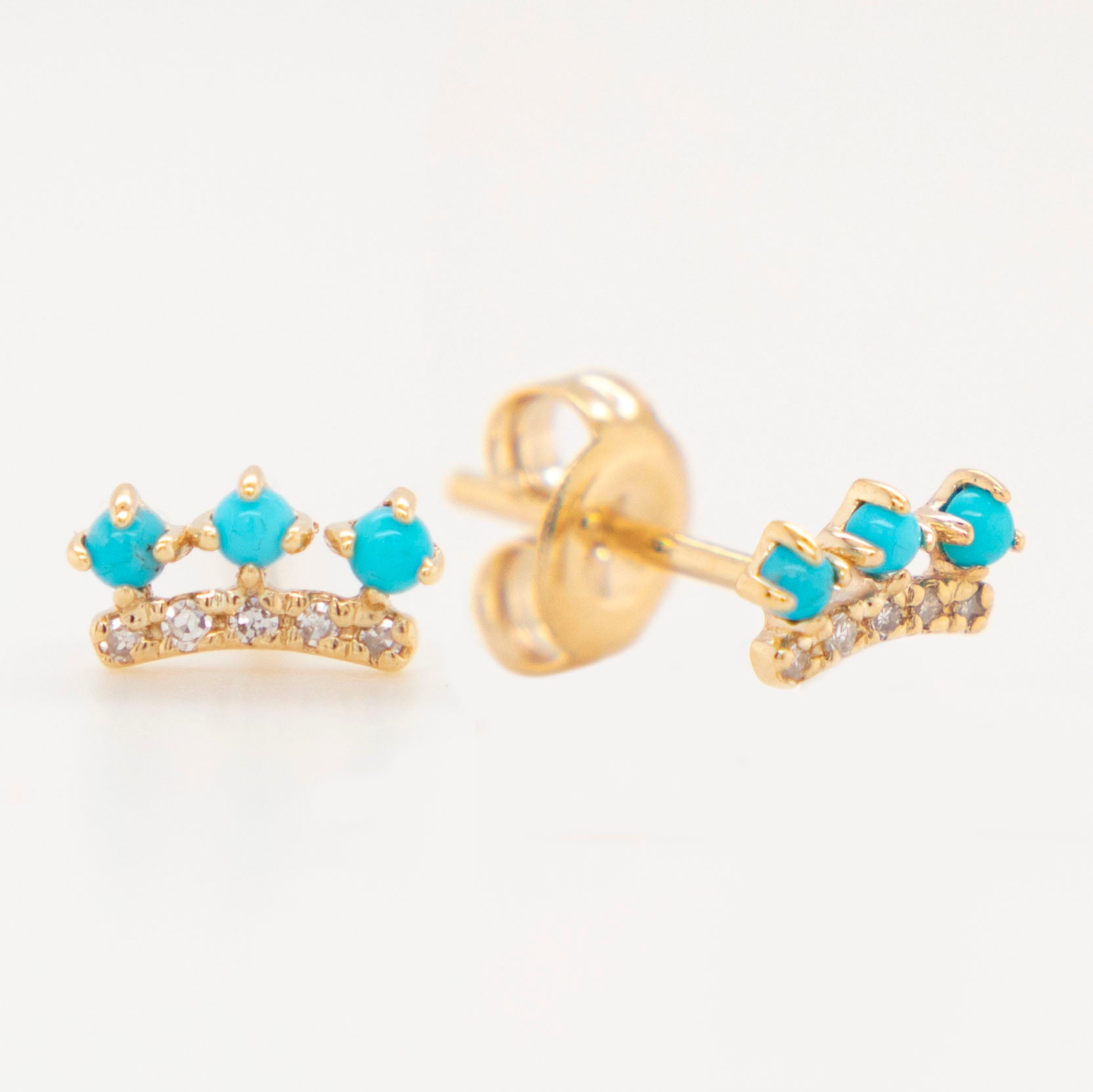 14K Yellow Gold Diamond and Turquoise Crown Stud Earrings