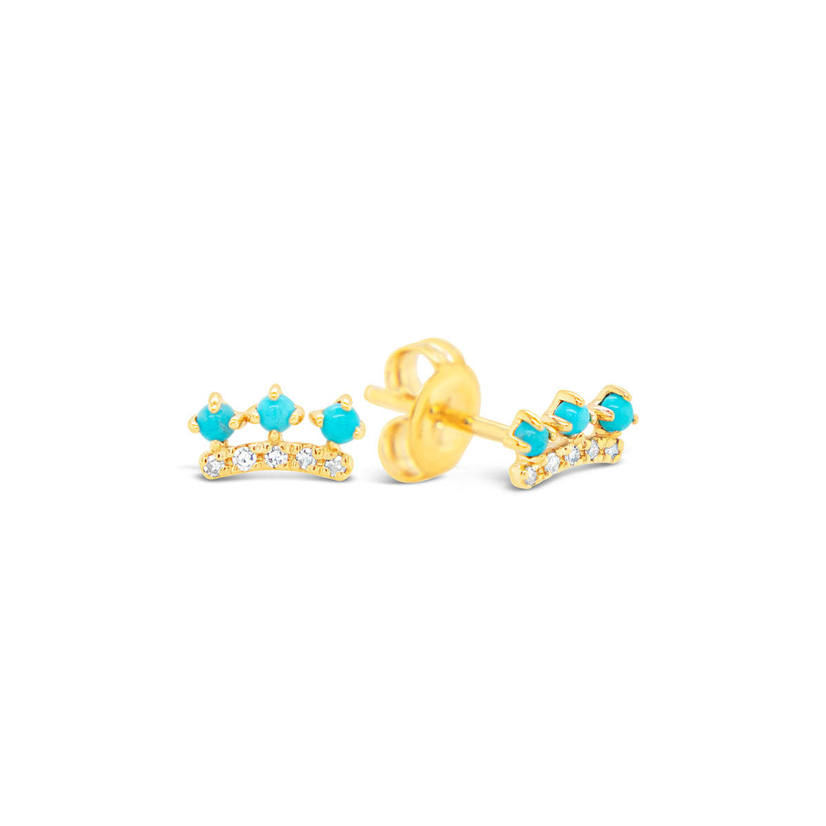 14K Yellow Gold Diamond and Turquoise Crown Pushback Earrings