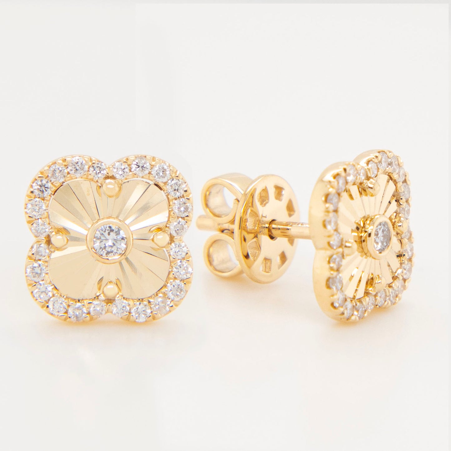 14K Yellow Gold Diamond Clover Screwback Earrings