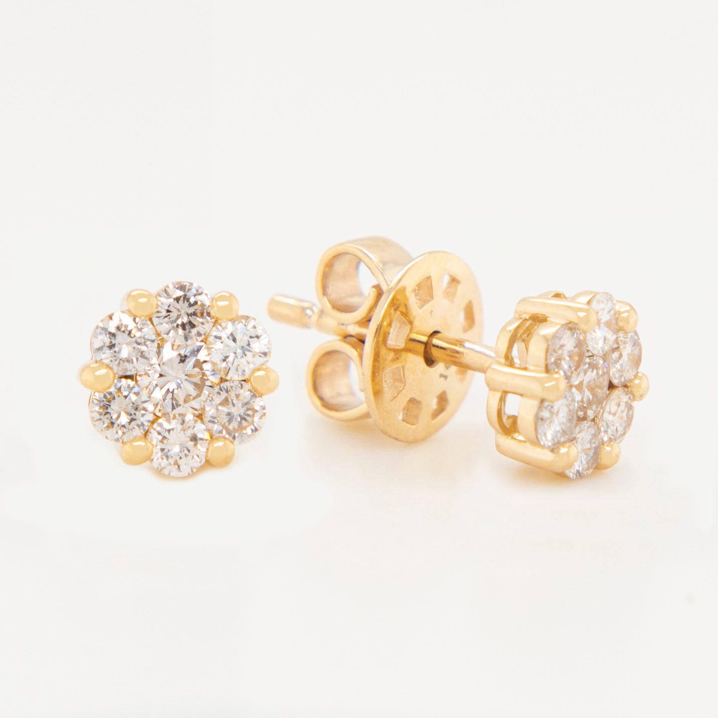 14K Yellow Gold Medium Diamond Cluster Flower Stud Earrings