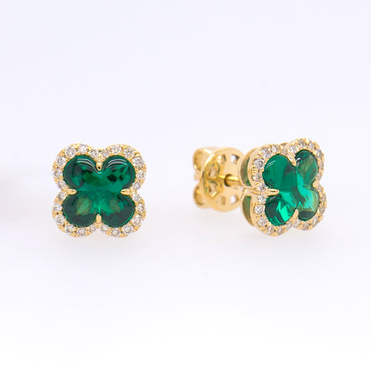 14K Yellow Gold Emerald and Diamond Clover Screwback Earrings
