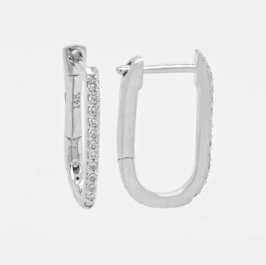 14K White Gold U-Shaped Diamond Huggie Earrings