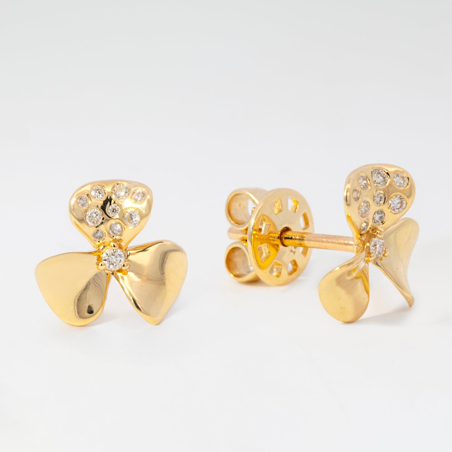 14K Yellow Gold Three-Petal Clover with Diamond Accent Screwback Earrings