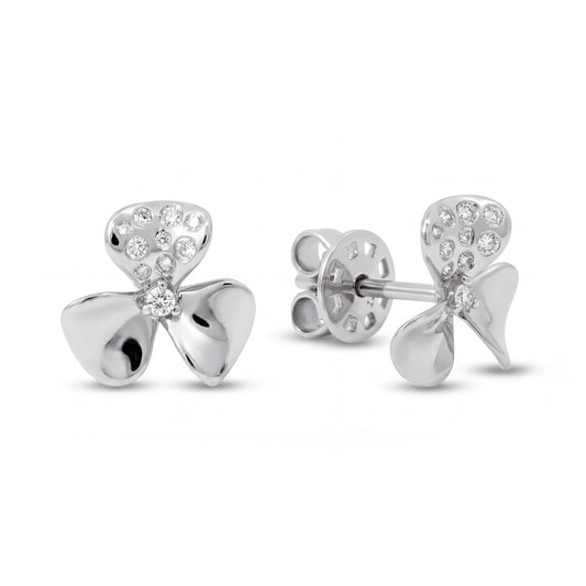 14K White Gold Three-Petal Clover with Diamond Accent Pushback Earrings