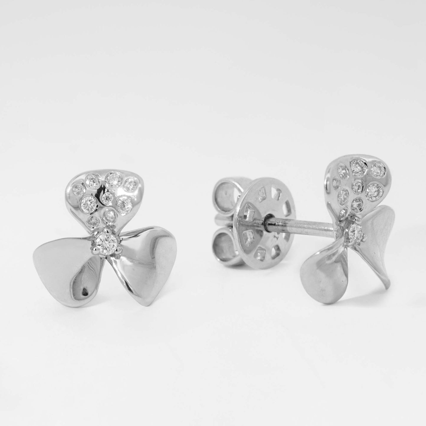 14K White Gold Three-Petal Clover with Diamond Accent Screwback Earrings